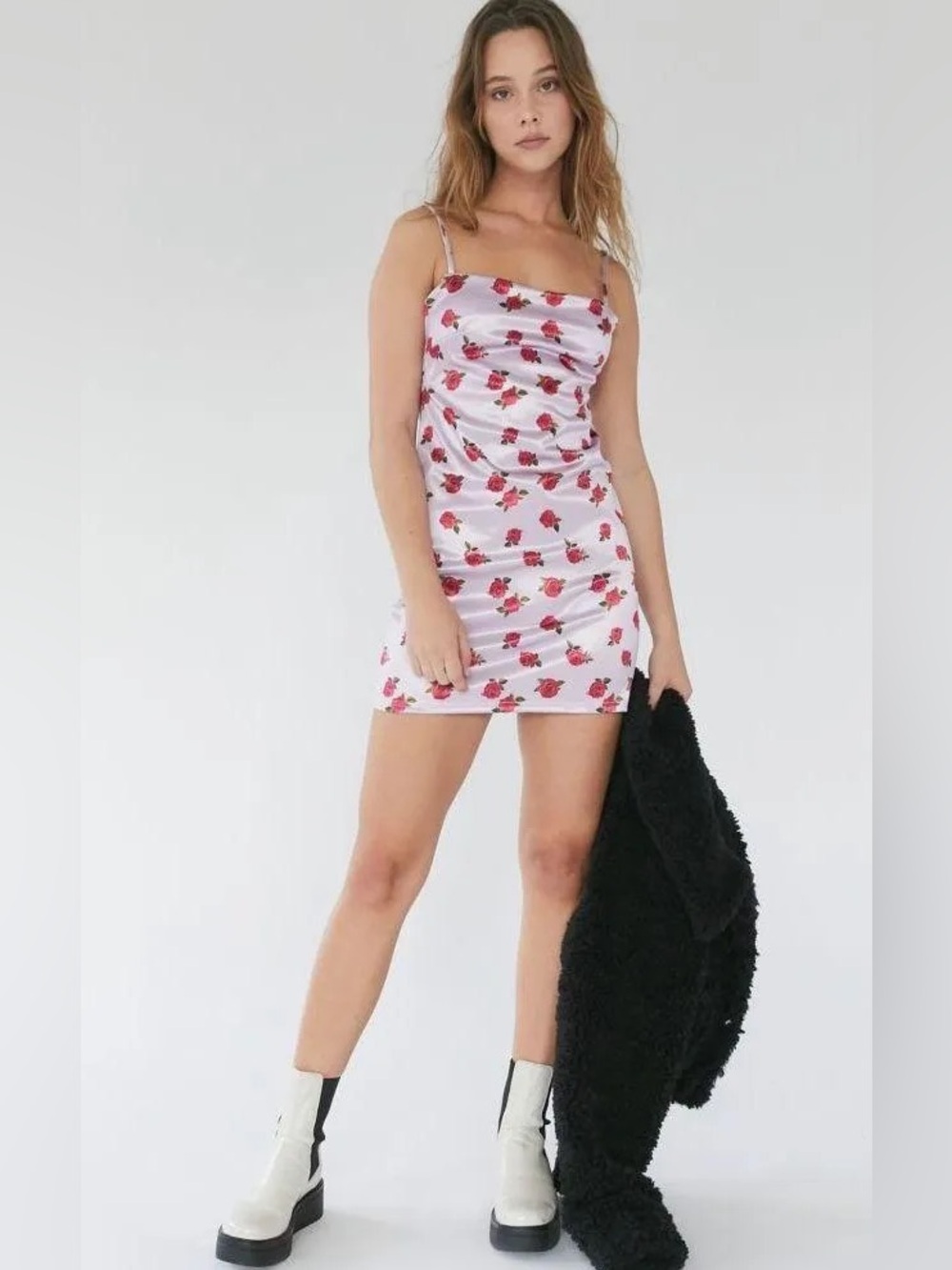 Urban Outfitters Lavender Satin Rose Print Mini Dress XS Coquette Floral Slip